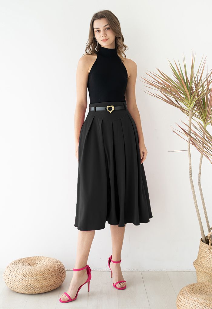 Heart Belt Pleated Pocket Midi Skirt in Black