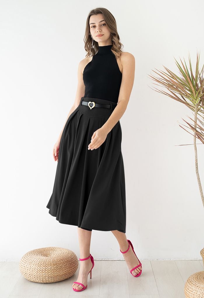 Heart Belt Pleated Pocket Midi Skirt in Black