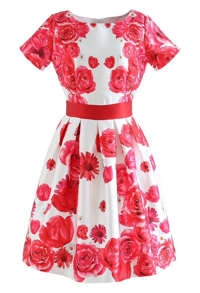 Rose and Daisy Print Short-Sleeve Pleated Dress