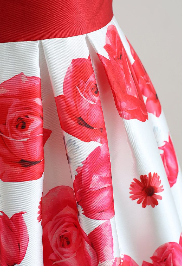 Rose and Daisy Print Short-Sleeve Pleated Dress