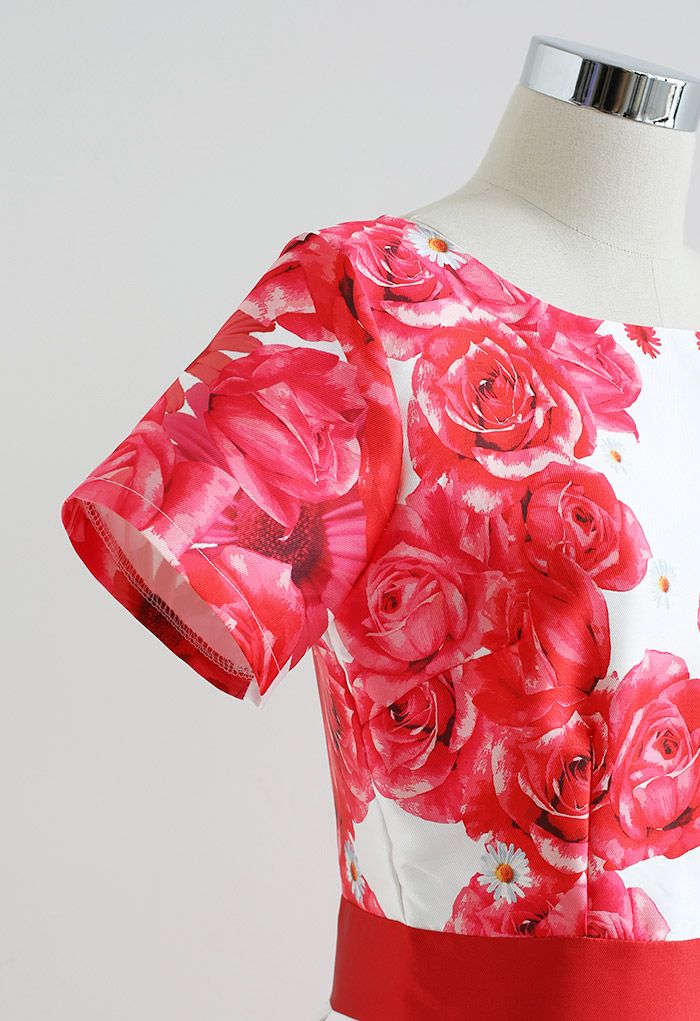 Rose and Daisy Print Short-Sleeve Pleated Dress