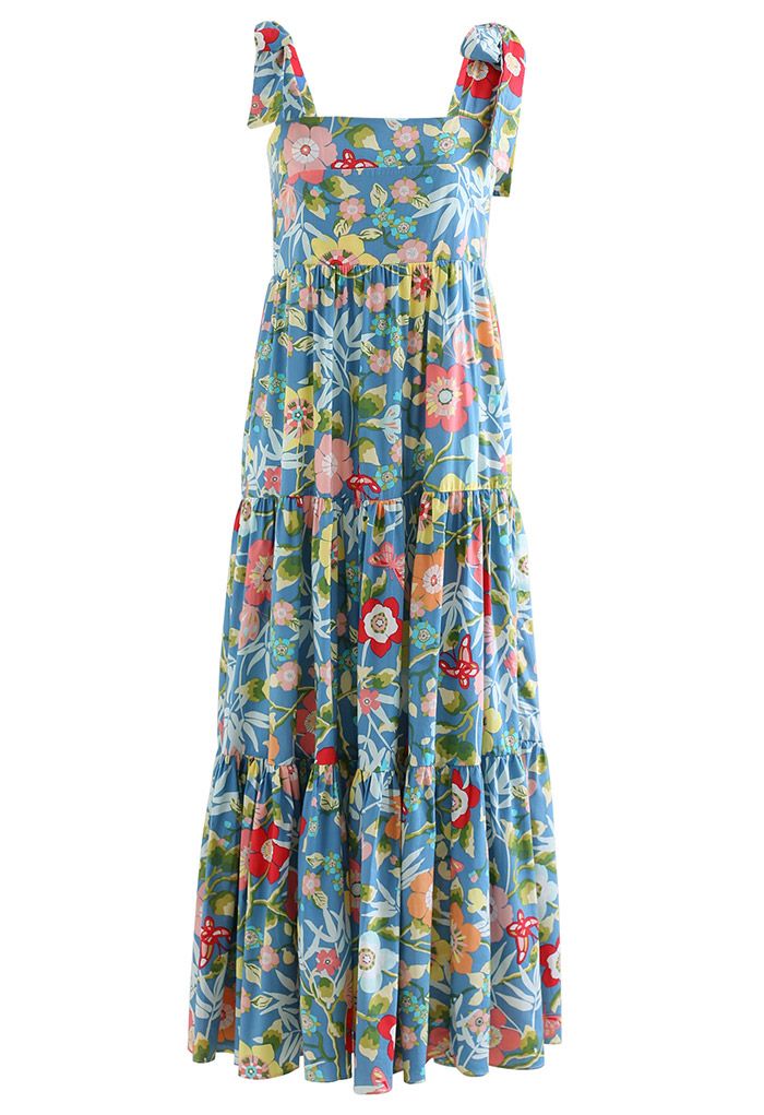 Plum Blossom Printed Tie-Strap Maxi Dress in Blue - Retro, Indie and ...