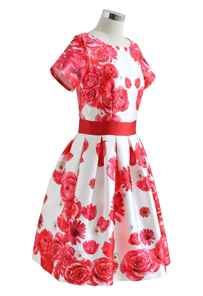 Rose and Daisy Print Short-Sleeve Pleated Dress