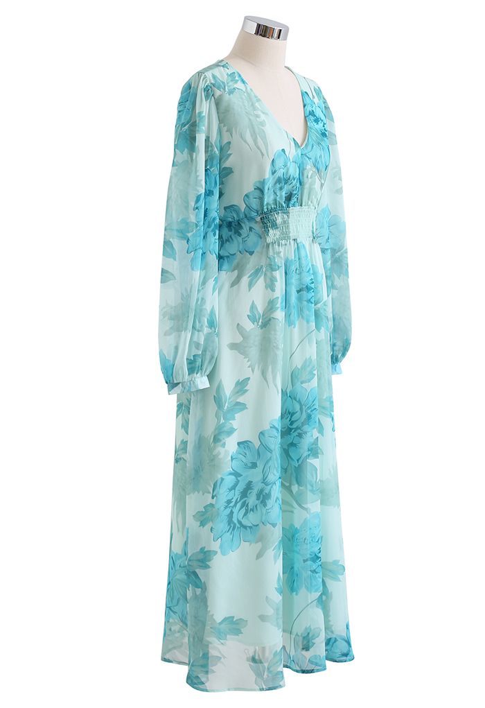 Peony Printed V-Neck Sheer Midi Dress in Turquoise - Retro, Indie and ...