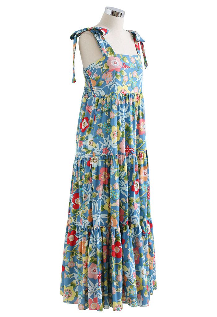 Plum Blossom Printed Tie-Strap Maxi Dress in Blue