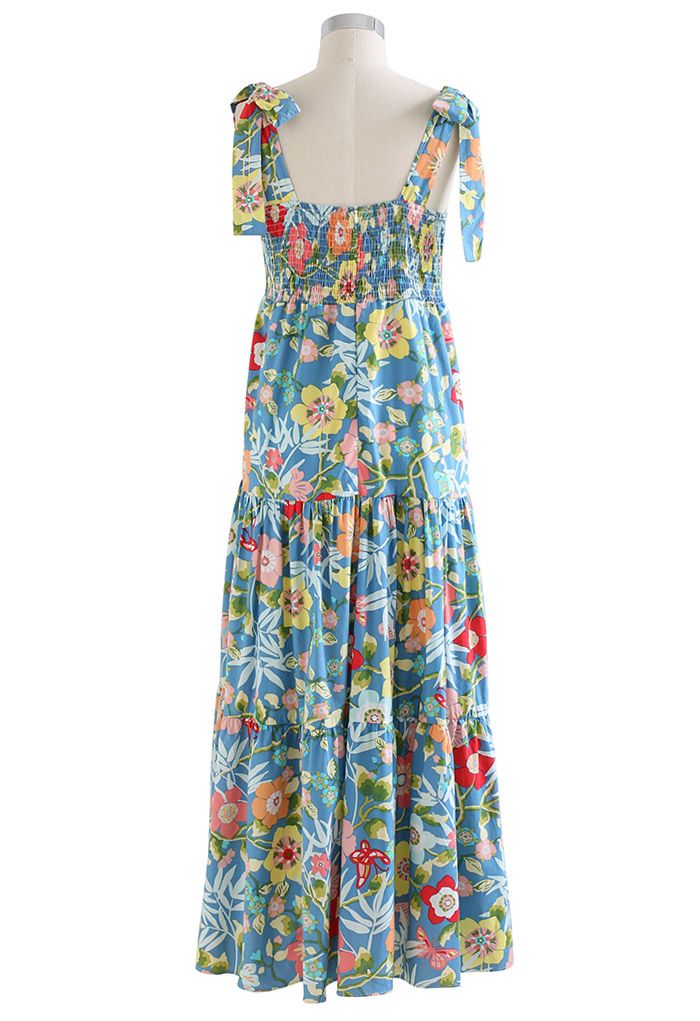 Plum Blossom Printed Tie-Strap Maxi Dress in Blue