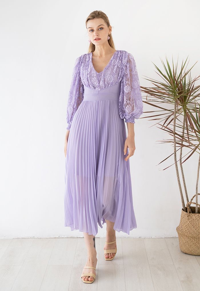 V-Neck Lace Spliced Pleated Maxi Dress in Lilac - Retro, Indie and ...