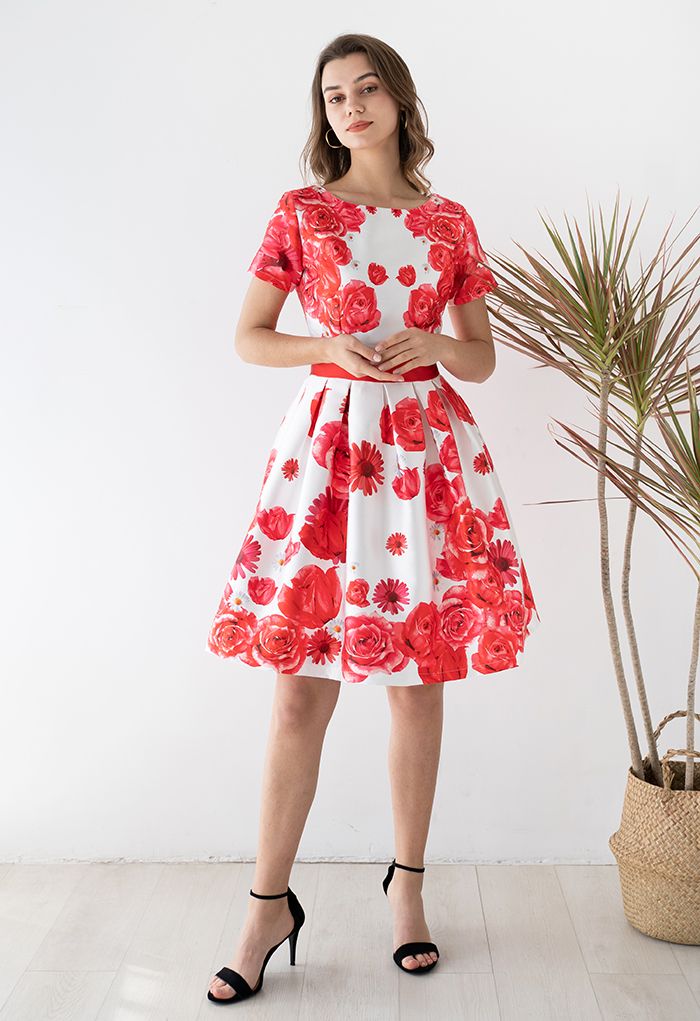 Rose and Daisy Print Short-Sleeve Pleated Dress