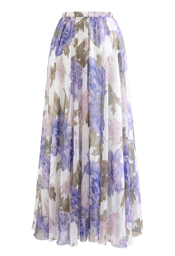 Vibrant Flower Print Chiffon Maxi Skirt in Purple - Retro, Indie and ...
