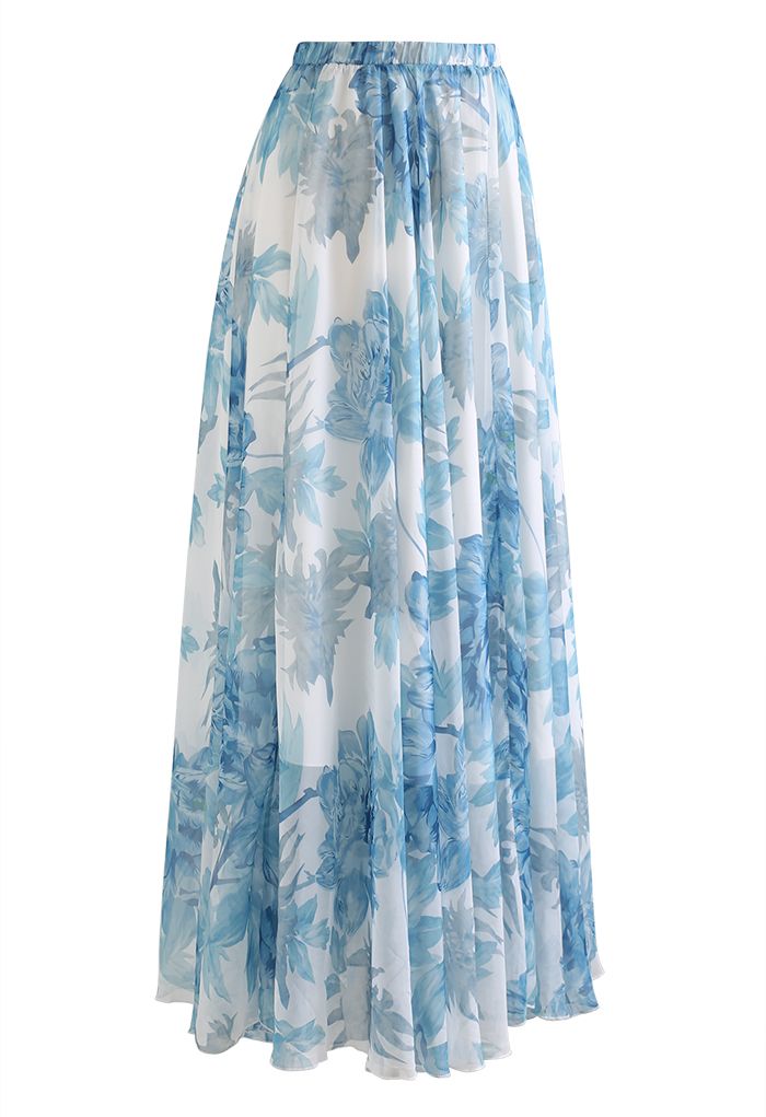 Vibrant Flower Print Chiffon Maxi Skirt in Blue - Retro, Indie and ...