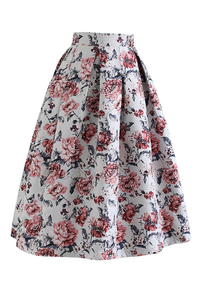Arrogant Peony Jacquard Pleated Midi Skirt in Red - Retro, Indie and ...