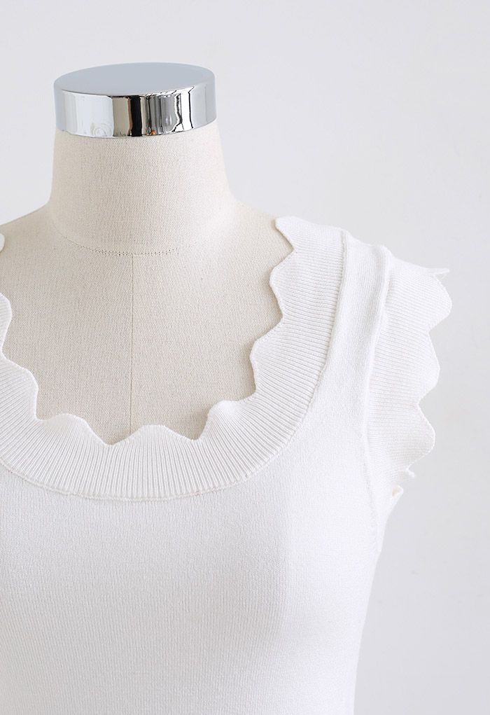 Scalloped Edge Knit Tank Top in White - Retro, Indie and Unique