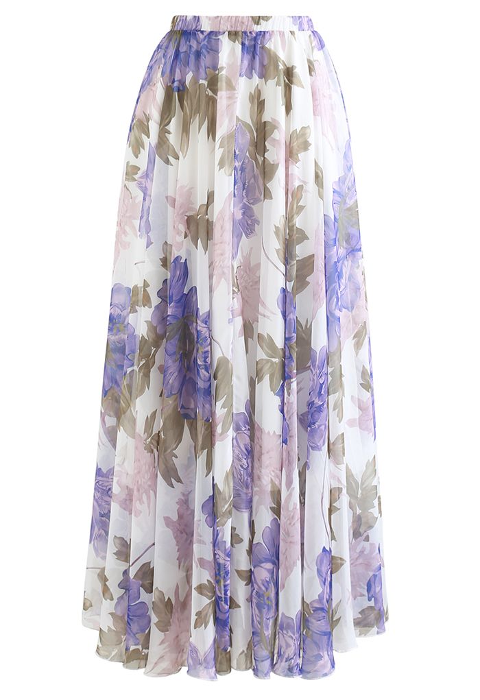 Vibrant Flower Print Chiffon Maxi Skirt in Purple - Retro, Indie and ...