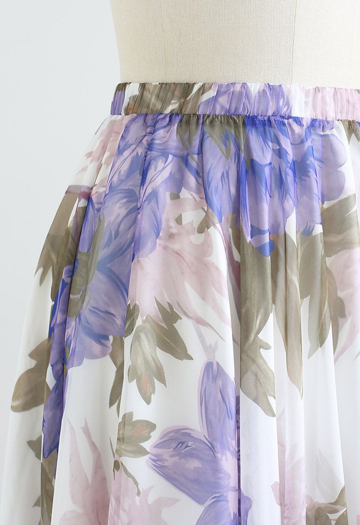 Vibrant Flower Print Chiffon Maxi Skirt in Purple