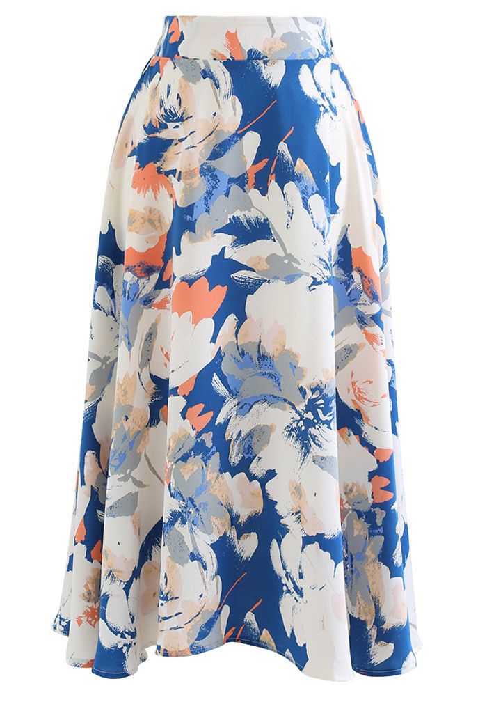 Abstract Floral Print Midi Skirt in Blue