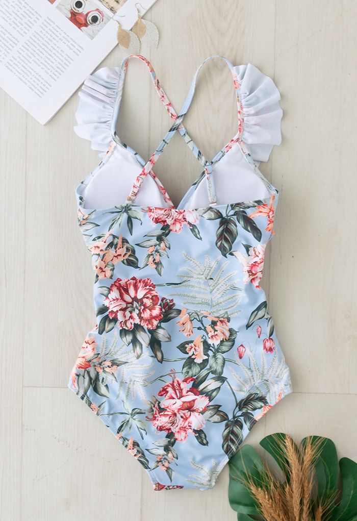Flower Print Ruffle Shirring Swimsuit - Retro, Indie and Unique Fashion
