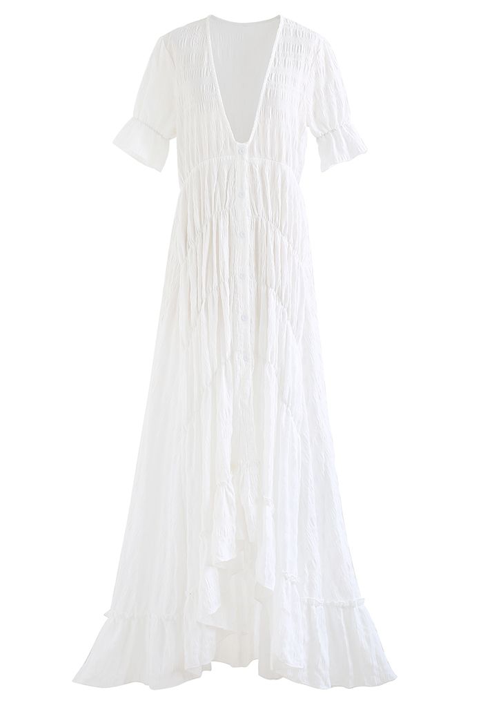 Deep V-Neck Embossed Asymmetric Hem Maxi Dress in White