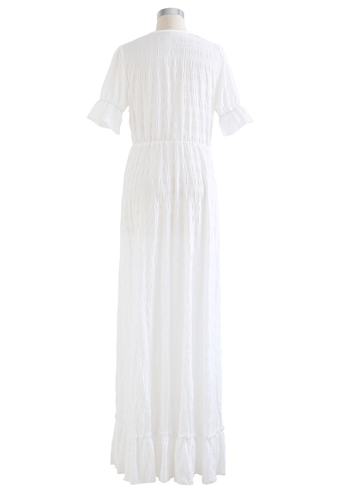 Deep V-Neck Embossed Asymmetric Hem Maxi Dress in White