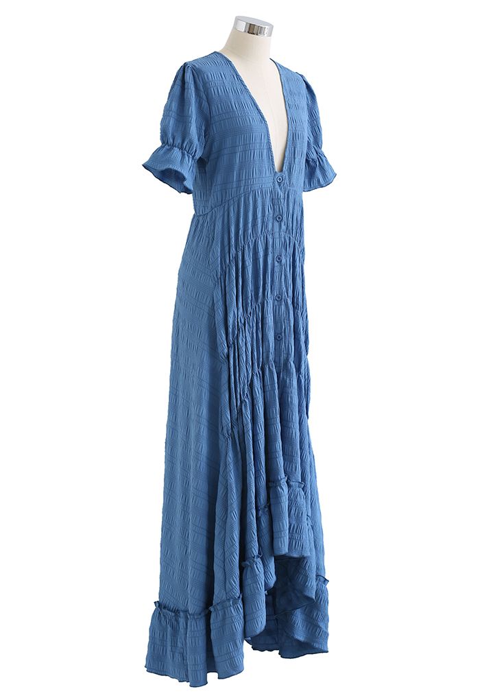 Deep V-Neck Embossed Asymmetric Hem Maxi Dress in Blue - Retro, Indie ...