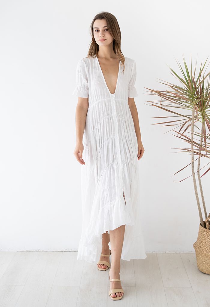 Deep V-Neck Embossed Asymmetric Hem Maxi Dress in White