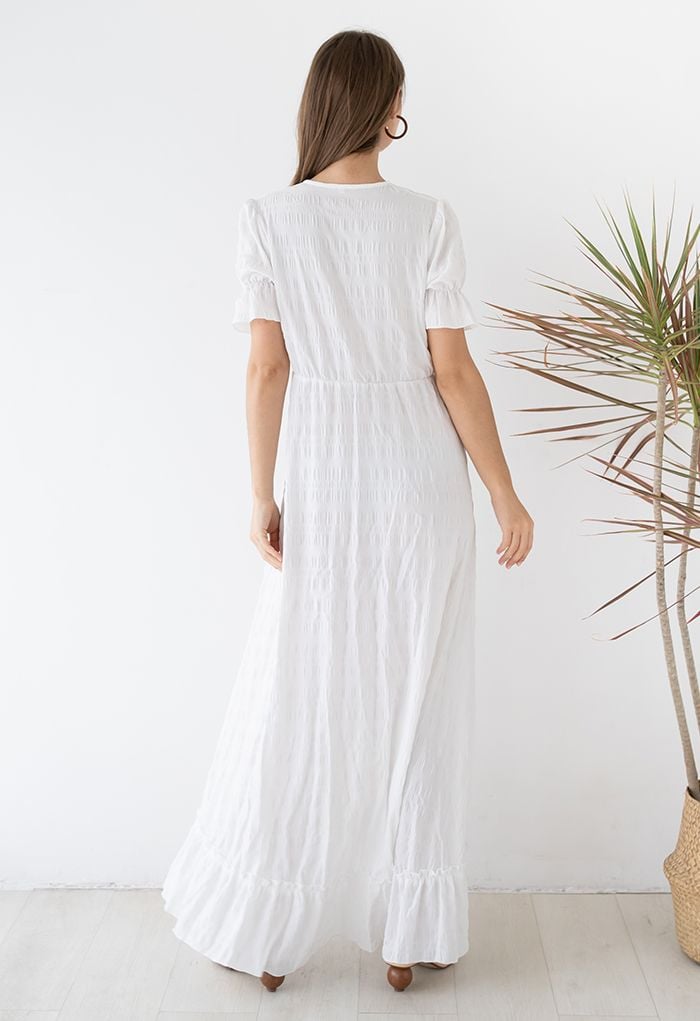 Deep V-Neck Embossed Asymmetric Hem Maxi Dress in White