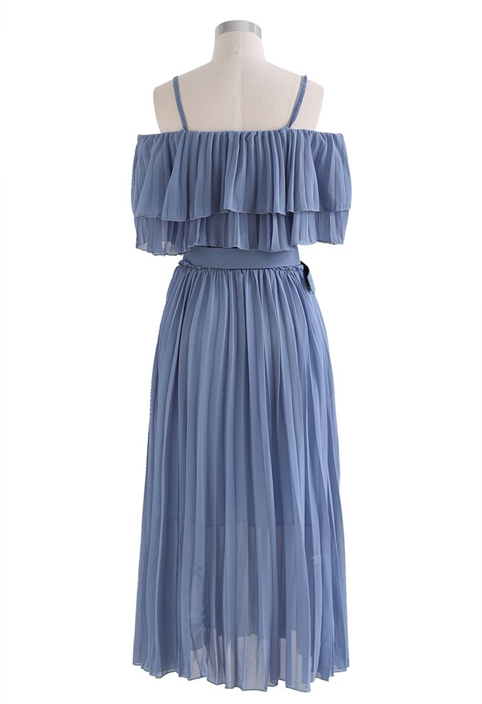Tiered Cold-Shoulder Pleated Belted Dress in Blue - Retro, Indie and ...