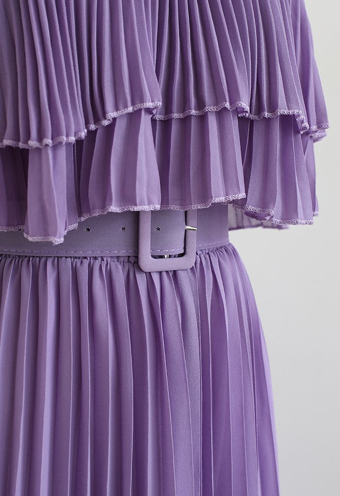 Tiered Cold-Shoulder Pleated Belted Dress in Purple - Retro, Indie and ...