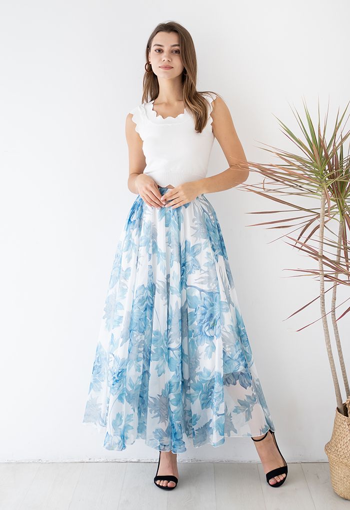 Vibrant Flower Print Chiffon Maxi Skirt in Blue