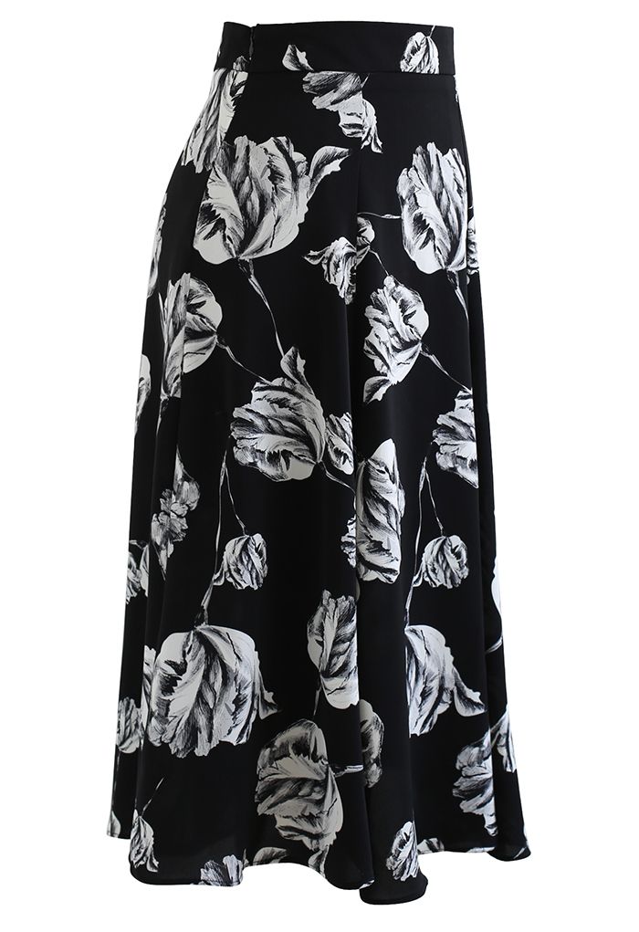 Floral Sketch Seam Detailing Flare Midi Skirt in Black - Retro, Indie ...