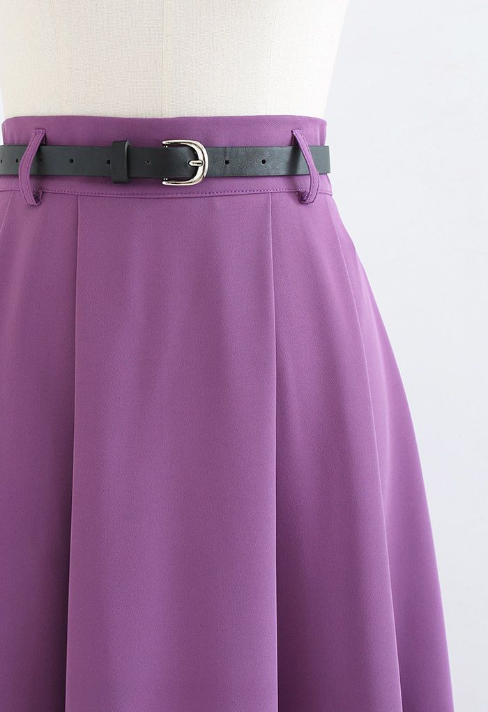 Classic Pleated Belted Flare Midi Skirt in Purple - Retro, Indie and ...