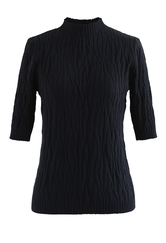 Mock Neck Textured Knit Top in Black