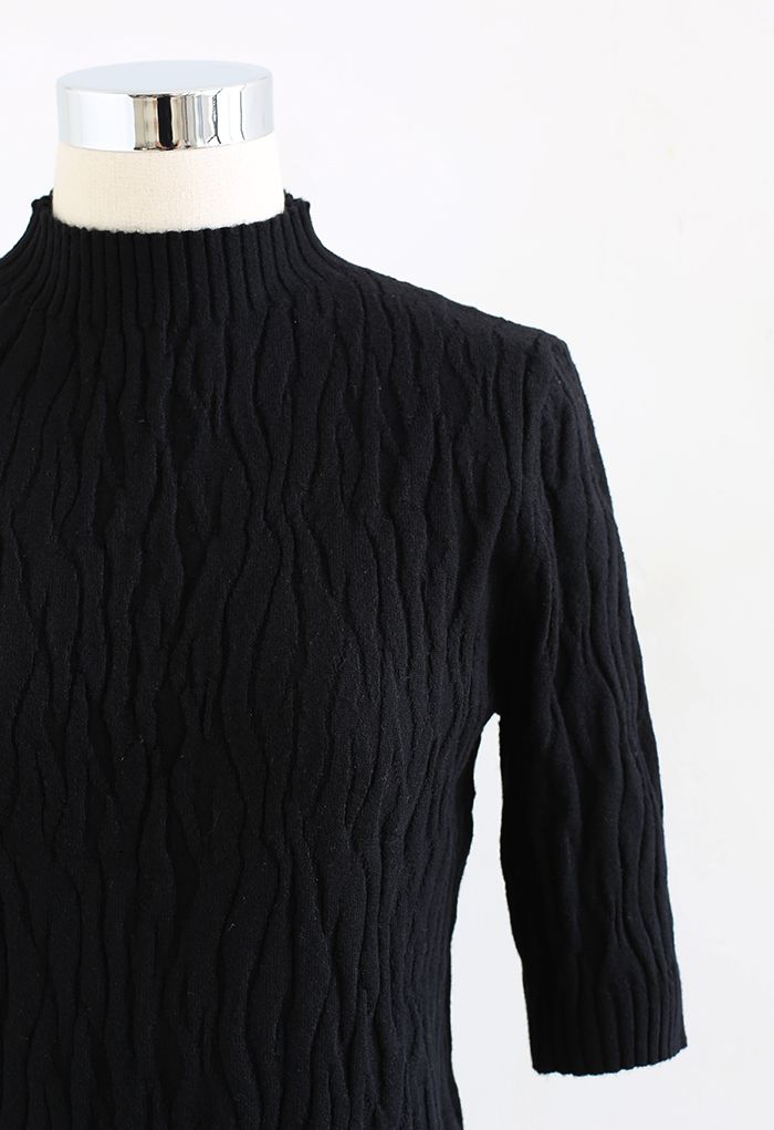 Mock Neck Textured Knit Top in Black