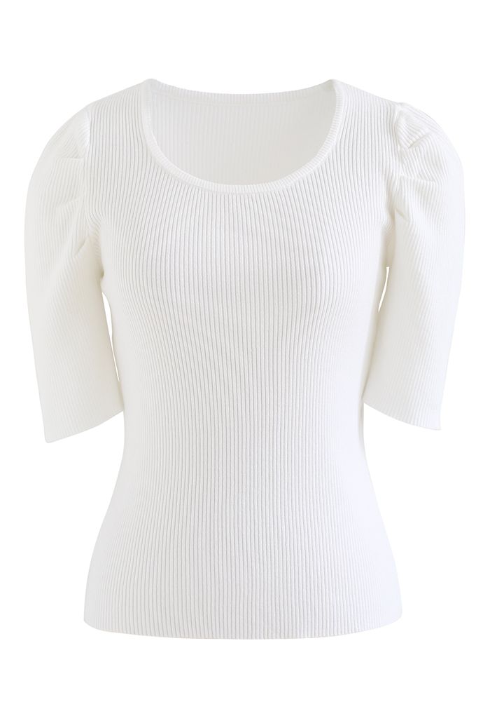 Puff Elbow Sleeves Knit Top in White - Retro, Indie and Unique Fashion