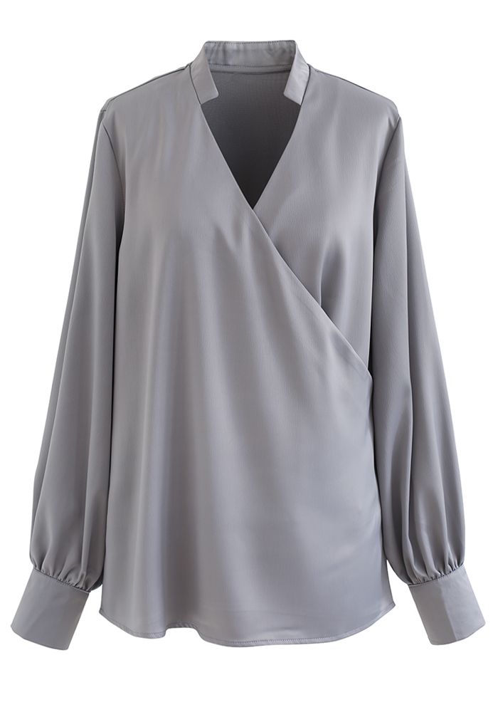 V-Neck Wrap Front Satin Smock Shirt in Grey - Retro, Indie and Unique ...