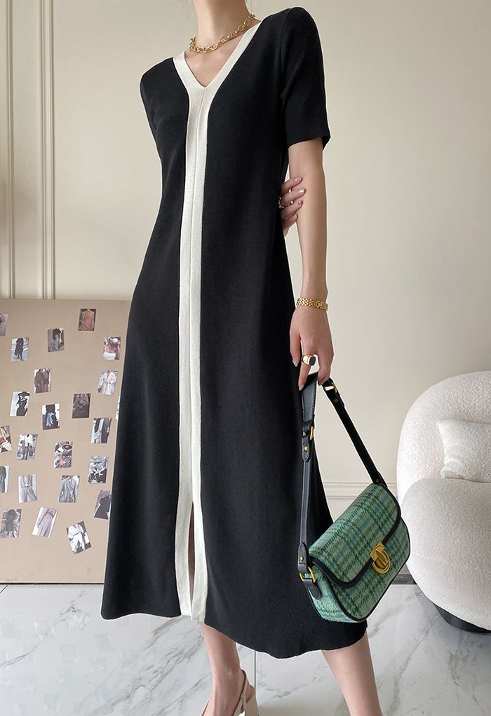V-Neck Contrast Line Knit Midi Dress - Retro, Indie and Unique Fashion
