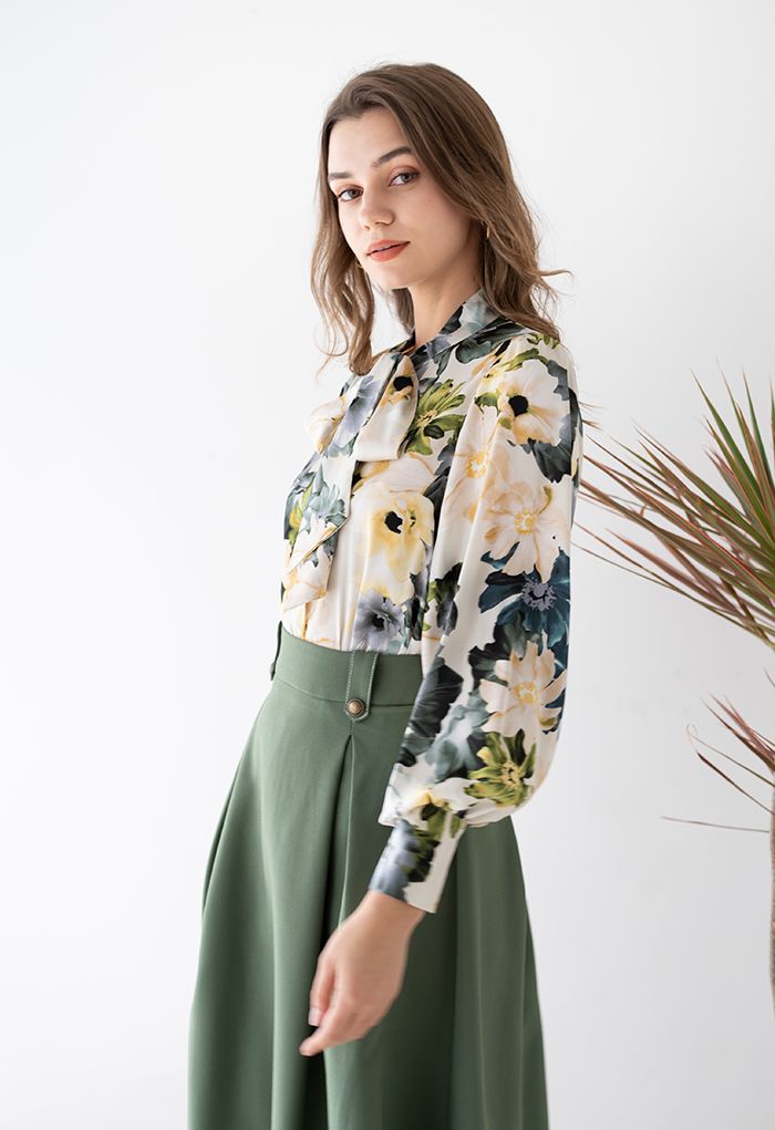 Bow Neck Floral Print Satin Shirt - Retro, Indie and Unique Fashion