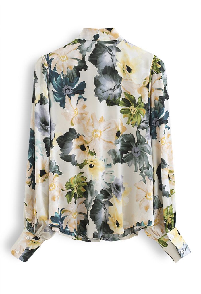 Bow Neck Floral Print Satin Shirt - Retro, Indie and Unique Fashion