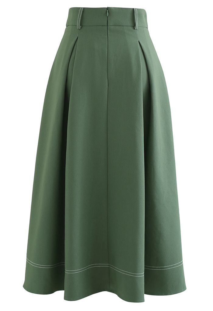 Button Trim Stitches Pleated Flare Midi Skirt in Army Green - Retro ...