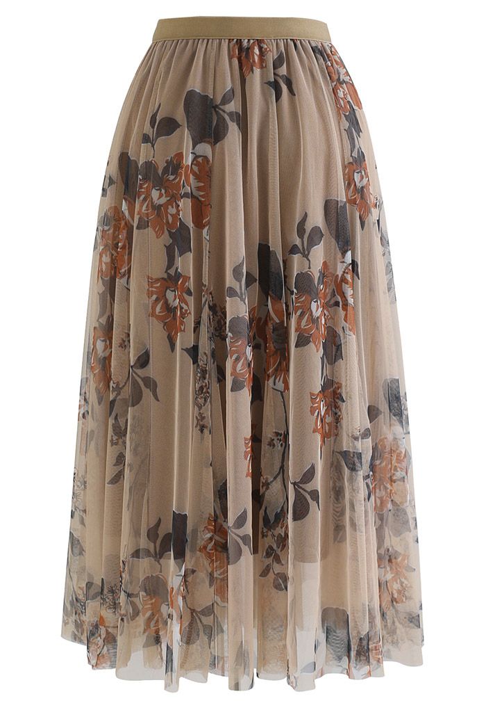 Floral Print Double-Layered Mesh Midi Skirt in Caramel - Retro, Indie ...