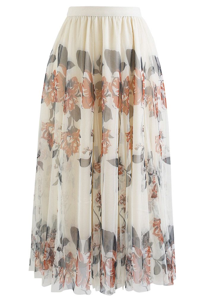 Floral Print Double-Layered Mesh Midi Skirt in Cream - Retro, Indie and ...