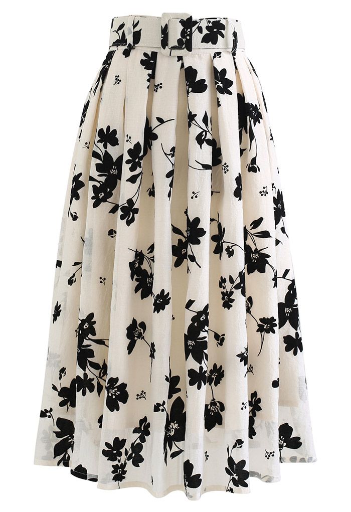 Black Velvet Floral Pleated Belted Midi Skirt - Retro, Indie and Unique ...