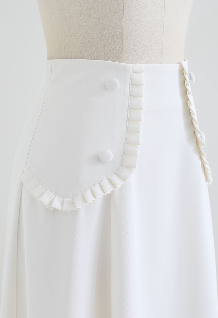 Pleated Fake Pocket Seamed Flare Skirt in White