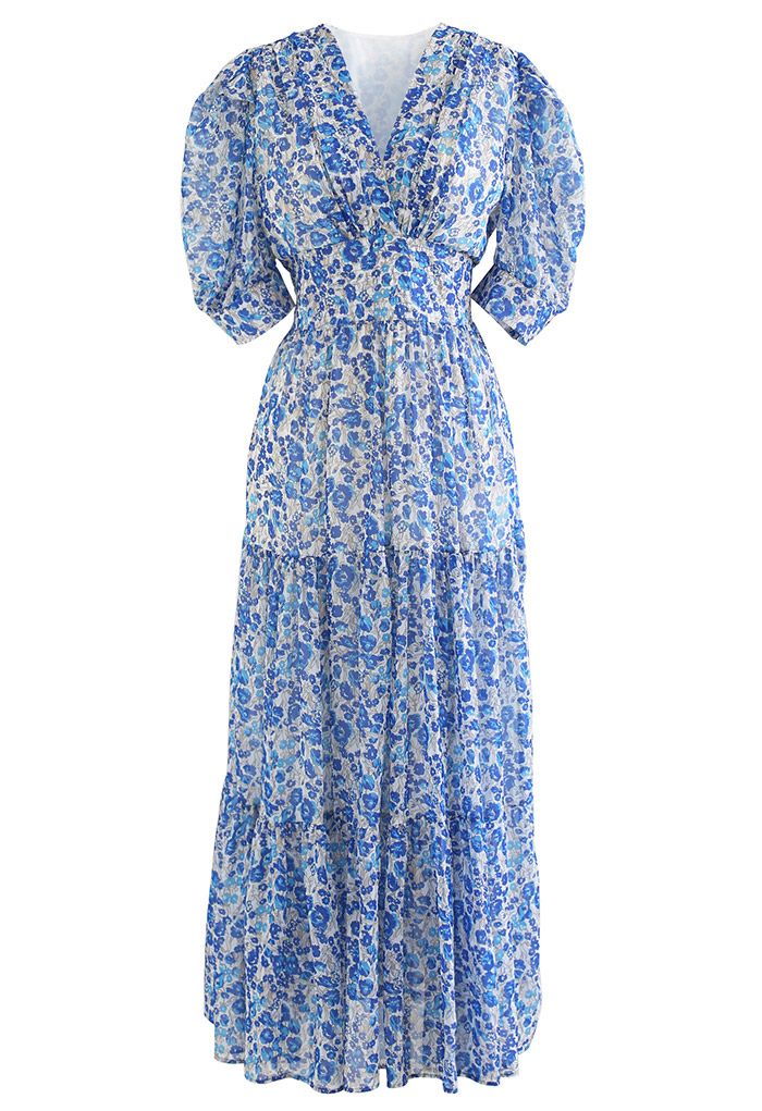 Floret Print V-Neck Frilling Maxi Dress in Blue - Retro, Indie and ...