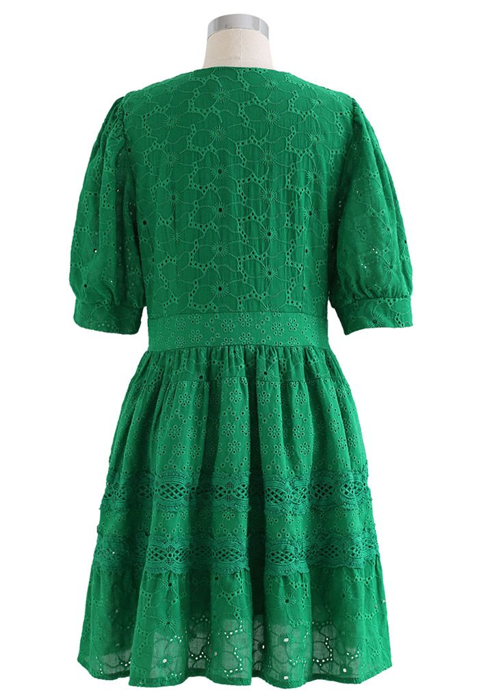 V-Neck Embroidered Eyelet Cotton Dress in Green - Retro, Indie and ...