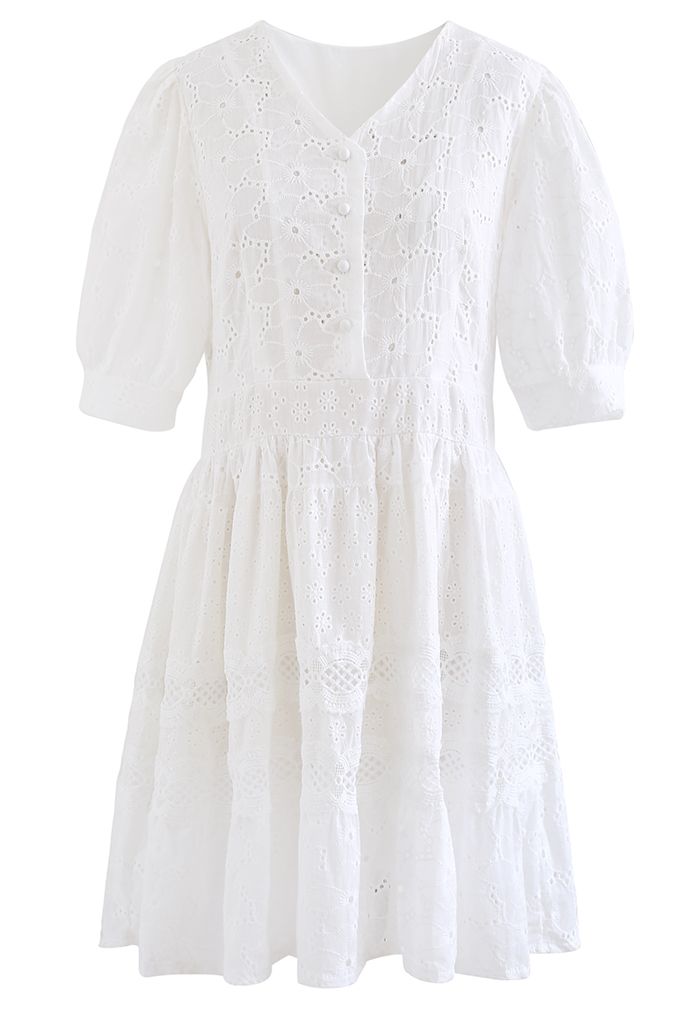 V-Neck Embroidered Eyelet Cotton Dress in White - Retro, Indie and ...