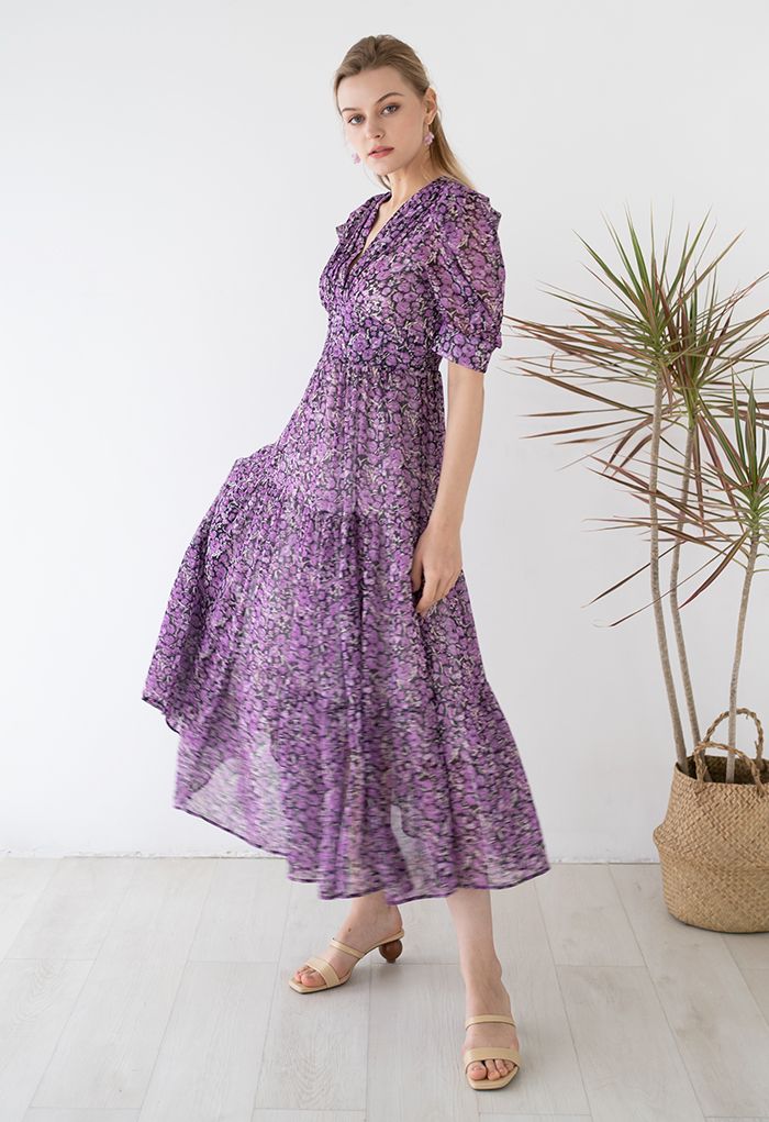 Floret Print V-Neck Frilling Maxi Dress in Purple - Retro, Indie and ...