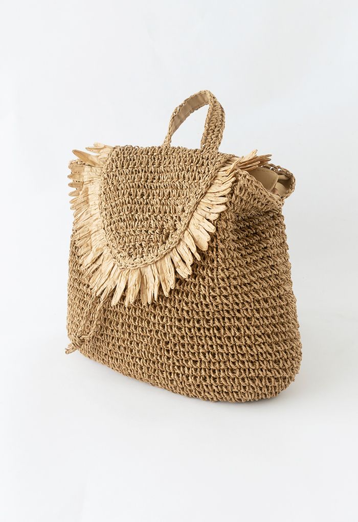 Fringed Trim Woven Straw Backpack in Cream
