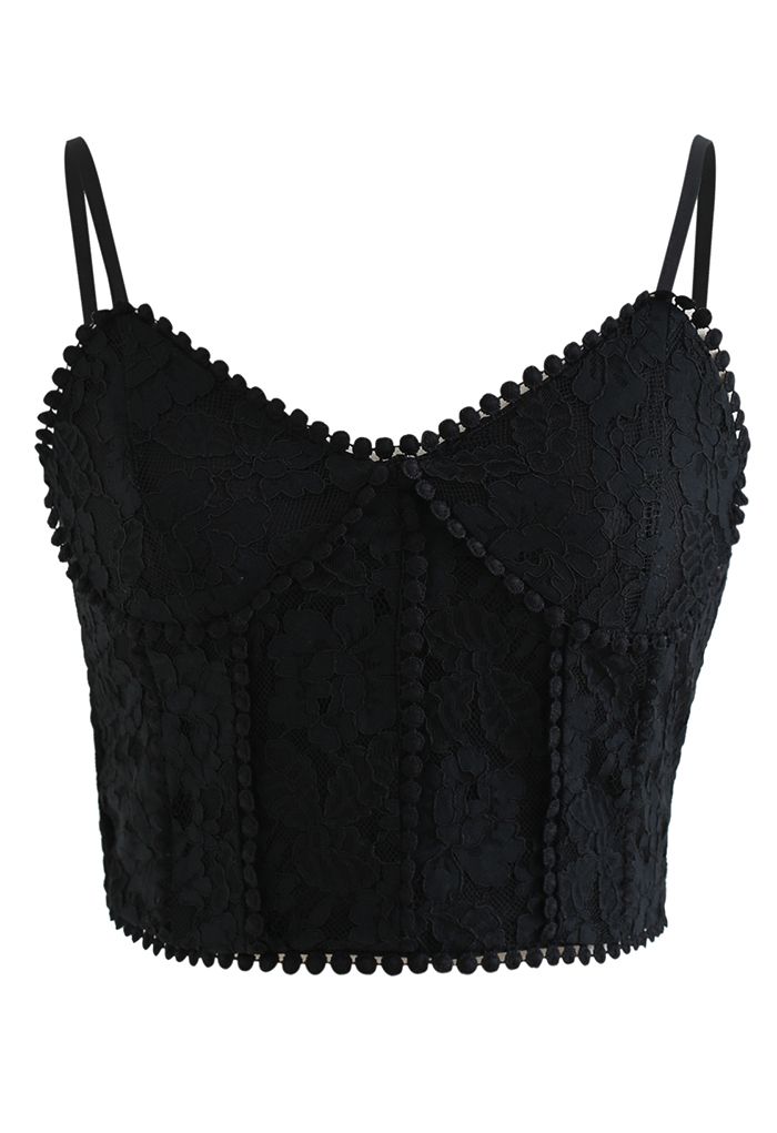 Floral Lace Shirred Back Crop Tank Top in Black - Retro, Indie and
