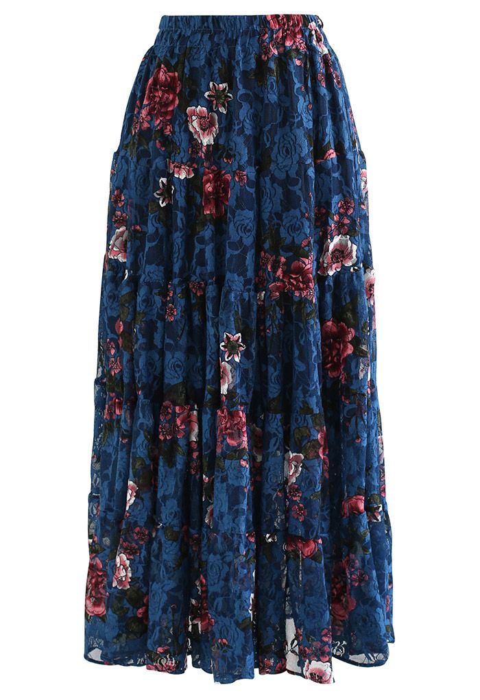 Glorious Peony Soft Lace Skirt in Navy - Retro, Indie and Unique Fashion
