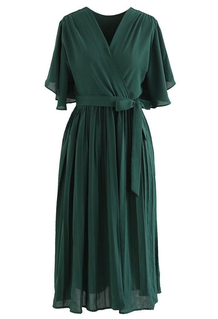 Faux Wrap Tie Waist Pleated Midi Dress in Dark Green - Retro, Indie and ...
